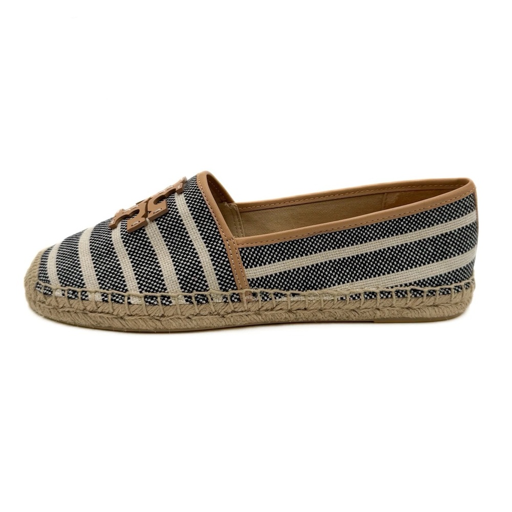 Tory Burch Black & White Striped Espadrille Flats with Tan Logo Used - Picture 2 of 4